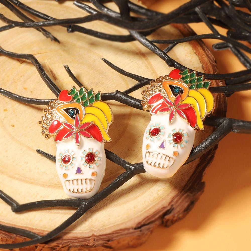Personality Vintage Earring Rhinestone Enamel Skeleton Stud Earrings  Women