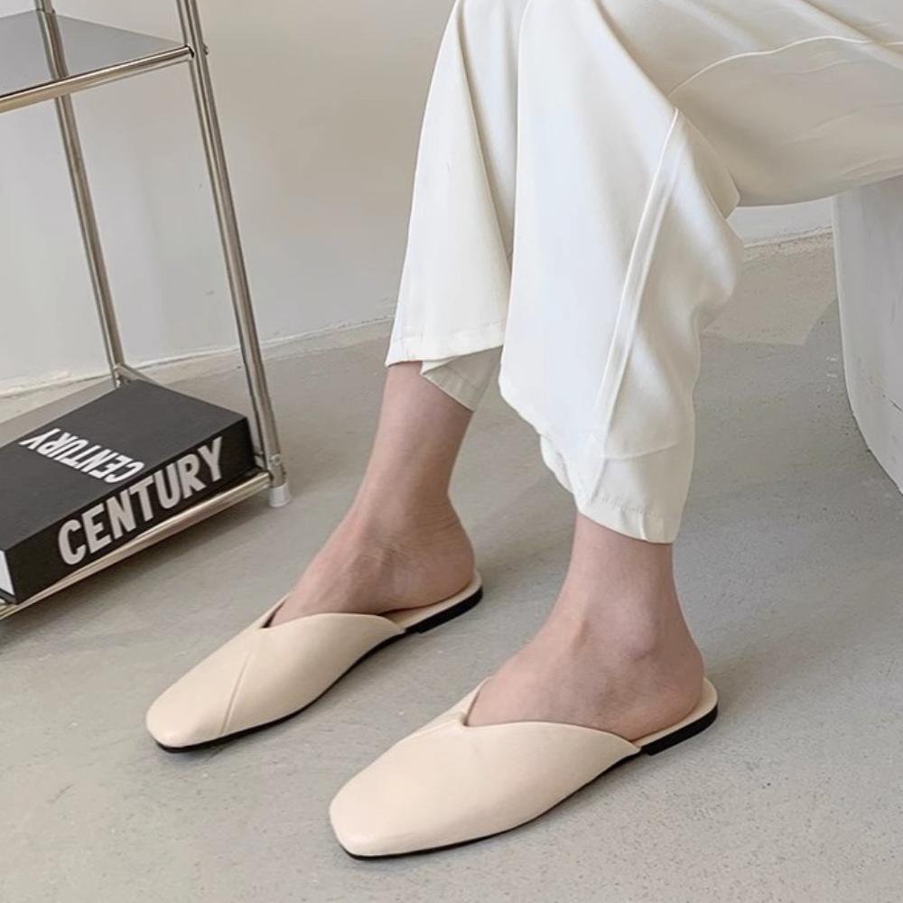 Fashion Women Mules Summer Elegant Square Closed Toe Flat Slippers Female Casual Leather Elegant Comfortable Slides Plus Size 35-43
