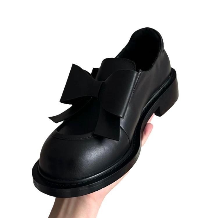 Leder College-Stil Schleife runder Kopf kleine Lederschuhe Damen 2025 Frühling und Herbst neu dicker Absatz Plateau Slipper einzelne Schuhe