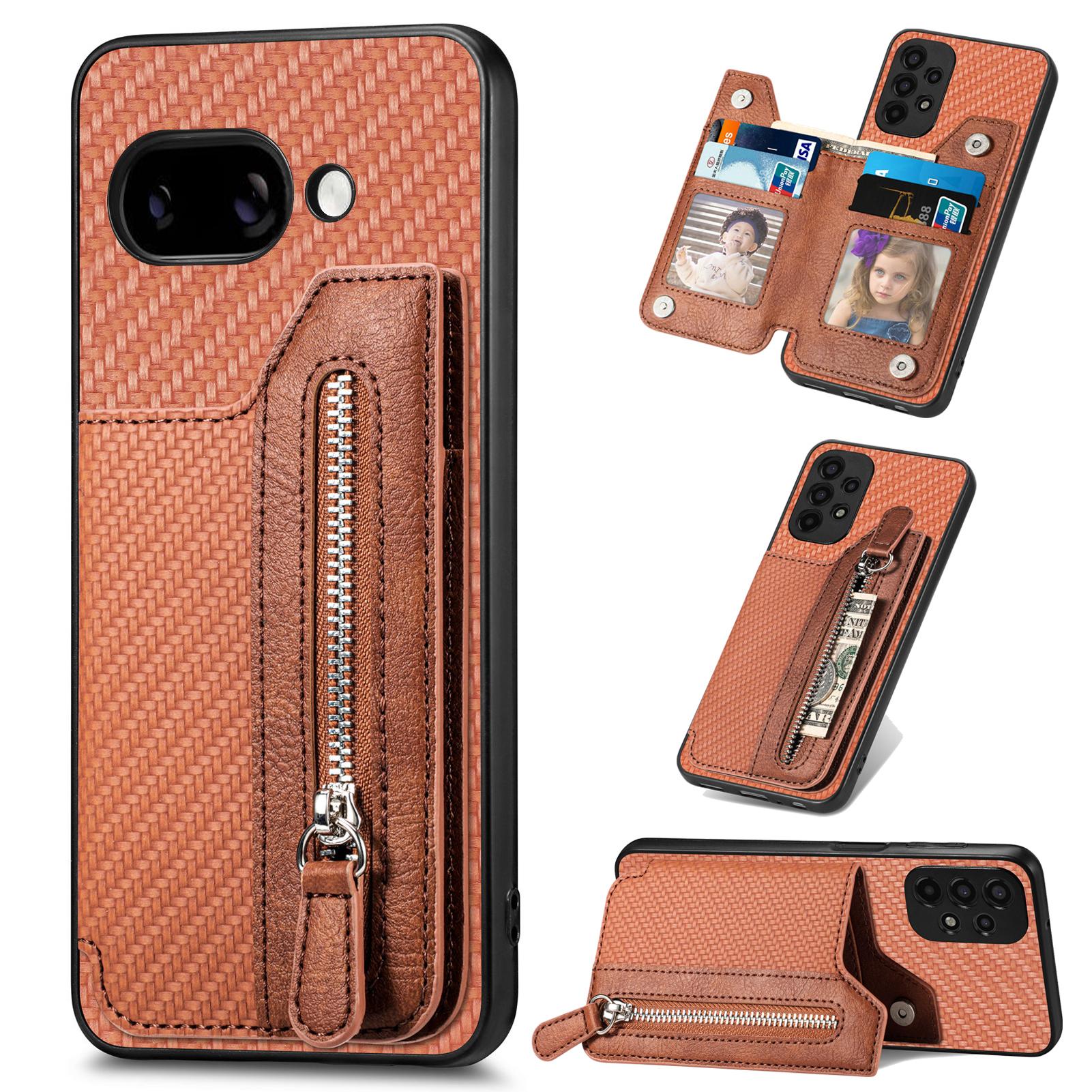 

For Google Pixel 9a Case Leather+PC+TPU Zipper Wallet Phone Cover Brown