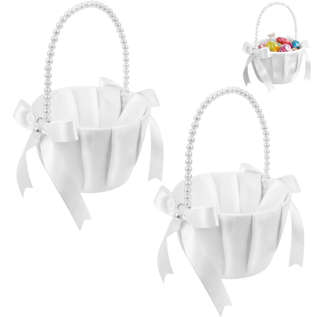 2Pcs Wedding Flower Girl Basket Bowknot Satin Western Rustic with Faux Pearl Handle For Bride/Kids Wedding Ceremony Decorations