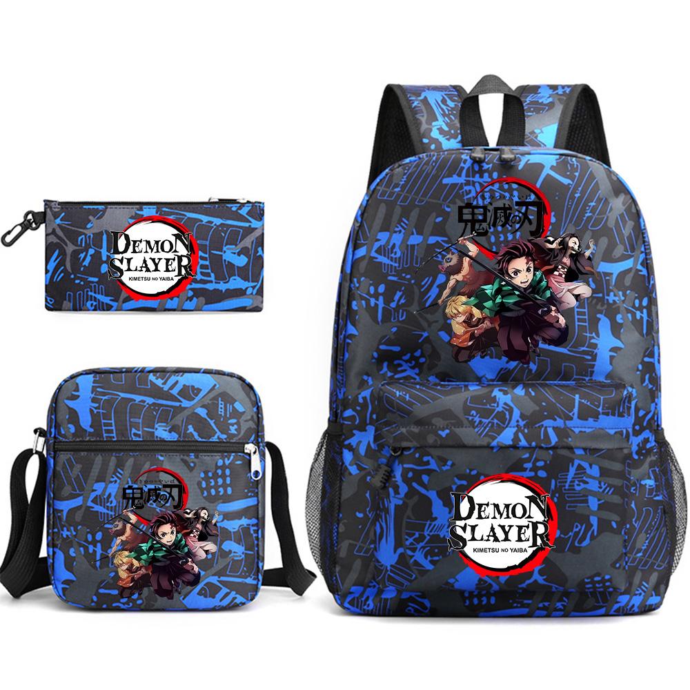 3Pcs/set Anime Printed Demon Slayer Backpack with Shoulder Bag Pencil Case for Teen Student Boy Girl Large Capacity Waterproof Bookbag Travel Bag