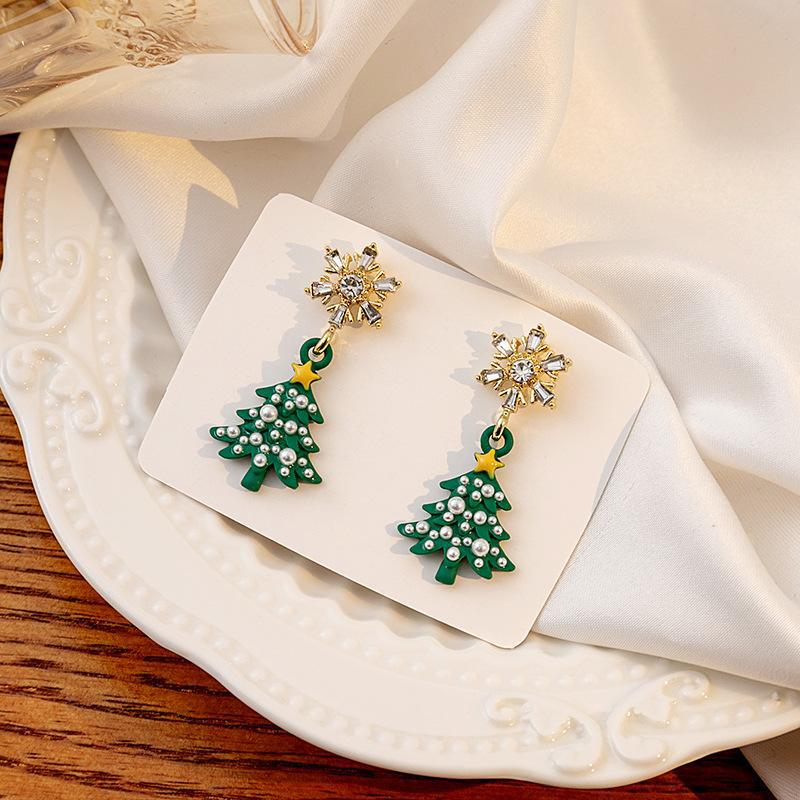 Silver Needle Christmas Snowman & Tree Asymmetrical Snowflake Earrings