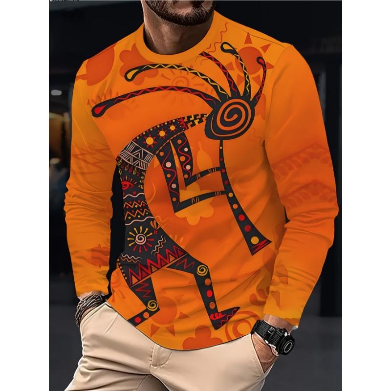 Men's Casual Long-Sleeve Shirt, Ethnic-Style Elements, Stretchy Fabric, Round Neck, Sporty T-Shirt, Comfortable, Versatile, and Durable