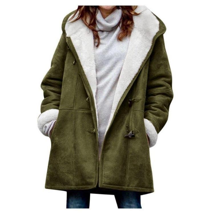 Winter Women's Coat Medium Long Hooded Casual Button Cardigan Warm Solid Color Simple Original Style