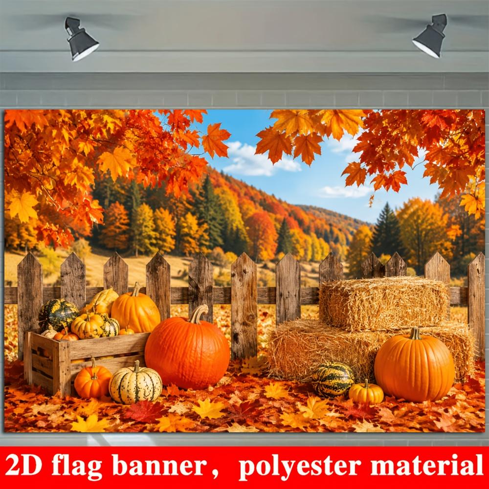 2D planar flag. Autumn harvest theme banner background featuring red maple leaves and various colors of pumpkins.zyc