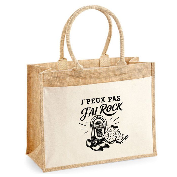 Sac Cabas - PLANETEE - J'peux pas minimaliste - Toile de jute et coton - 21 L (43×33×21 cm) - Illustration 'J'peux pas j’ai Rock'