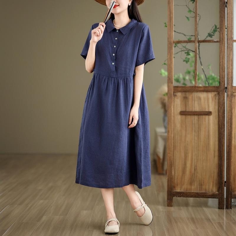 2025 Summer New Cotton and Linen Dress Women's Loose and Simple Polo Collar Short-sleeved Medium and Long Solid Color Skirt