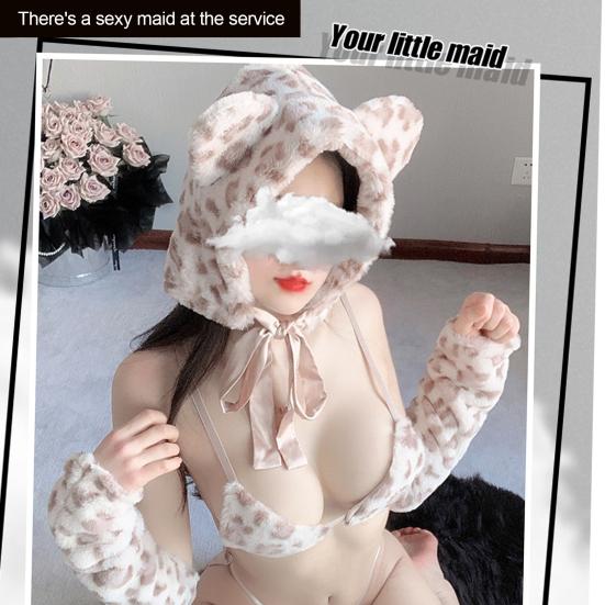 5ks/sada Ženy Sexy leopardí spodní prádlo Set Kreslený náušník Sling Podprsenka Šněrovací Tanga s rukávem Elastické návleky na stehnech Set Cosplay na hraní rolí
