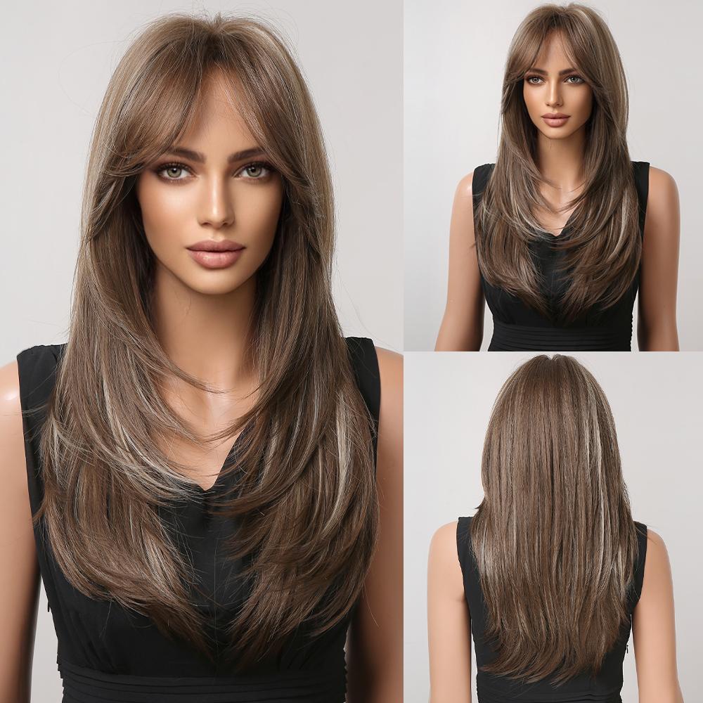 HENRY MARGU Ombre Dark Black Brown Synthetic Wigs with Bangs Layered Hair Wig for Black Women Party Cospaly Heat Resistant