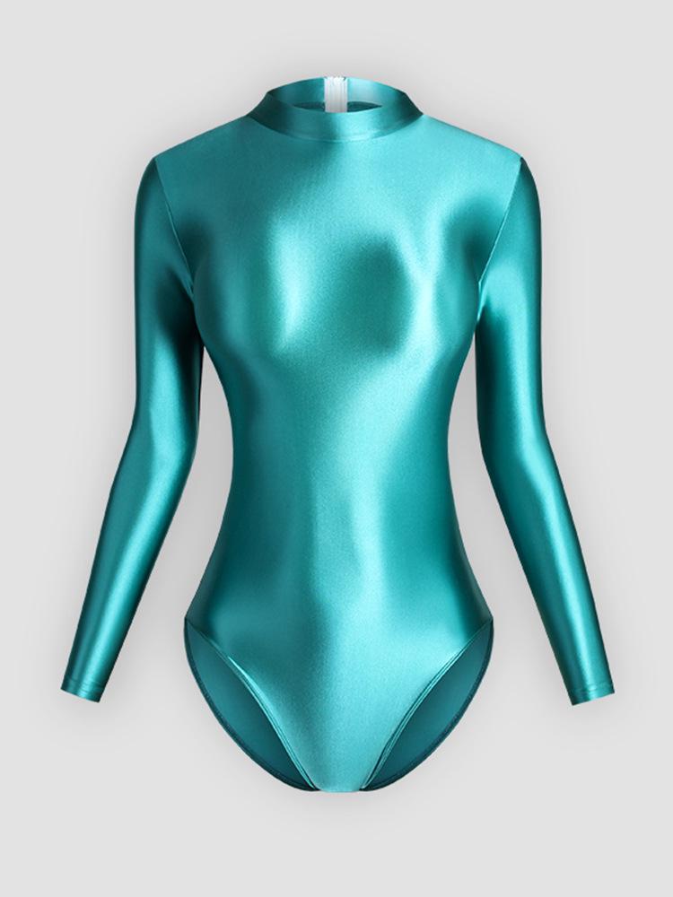 Solid Color High-Cut Rhythmic Gymnastics Leotard Ballet Dancewear - Women's Silky Luster One-Piece Swimsuit Base T-Shirt