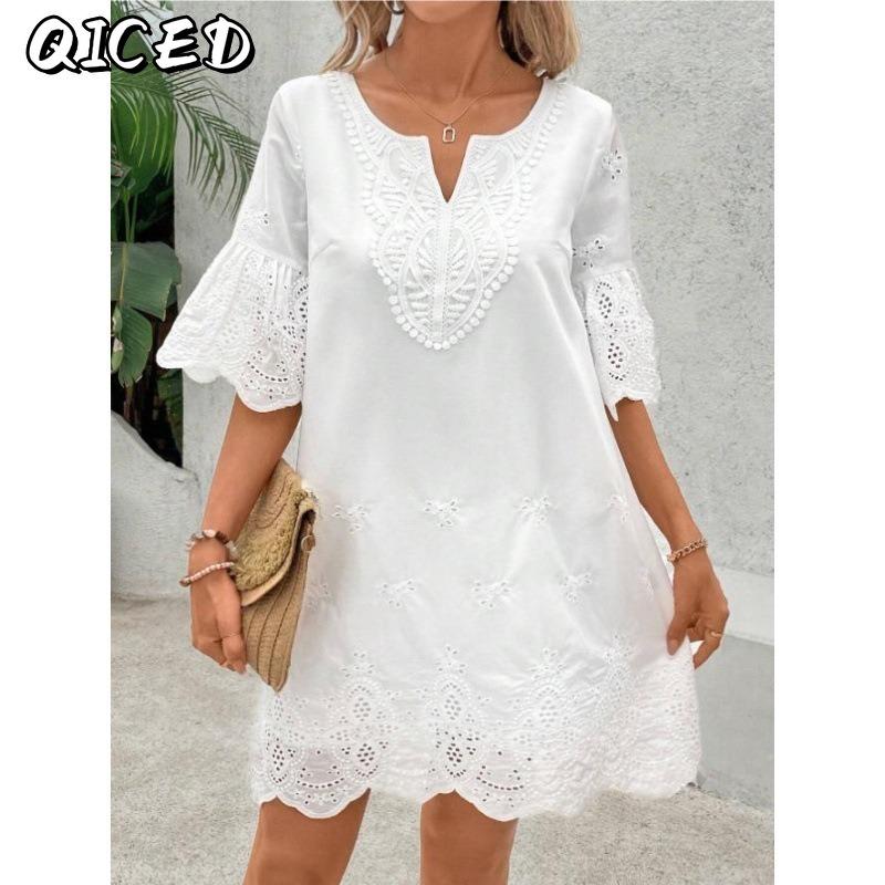 QICED Women's Fashion Summer Spring Solid Color Print V-Neck Short Sleeve Casual Dresses