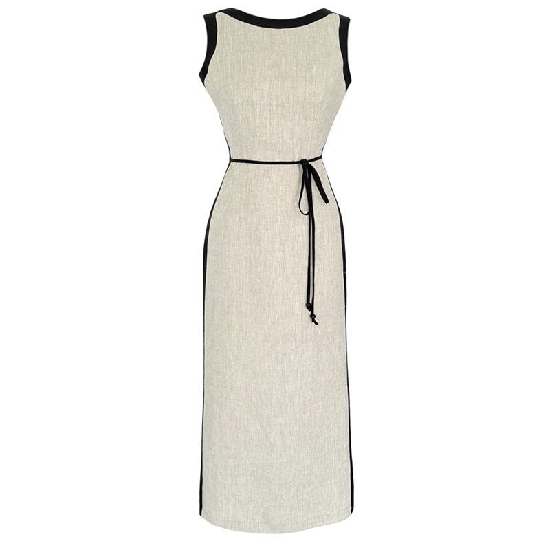 2025 Autumn Women's Colorblock Sleeveless Crew Neck Tie-Up Slit Dress