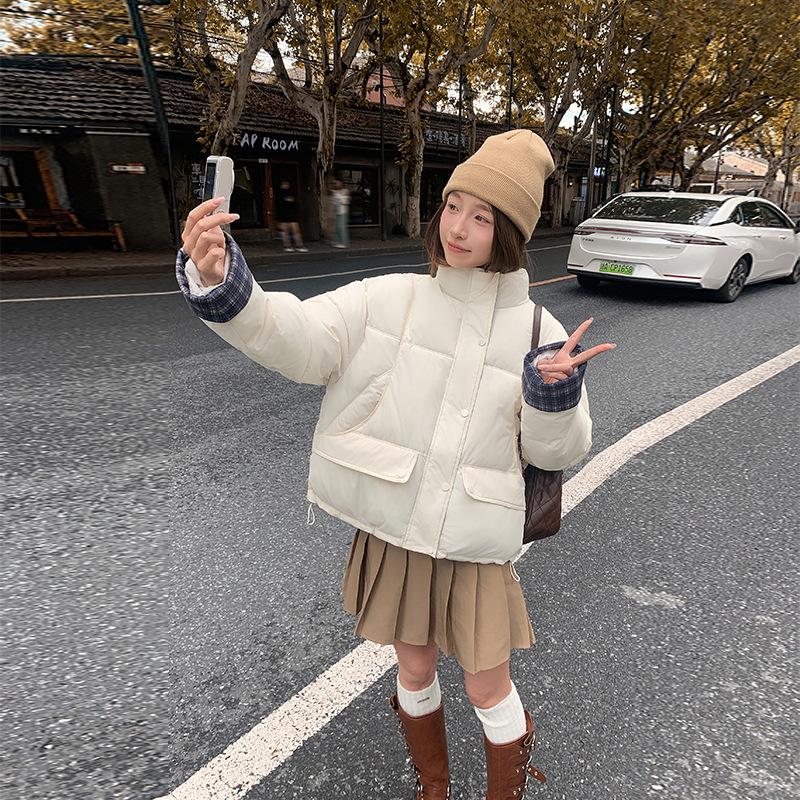

Plaid splicing down cotton clothes women s short new retro sweet thickened bread clothes jacket M белый