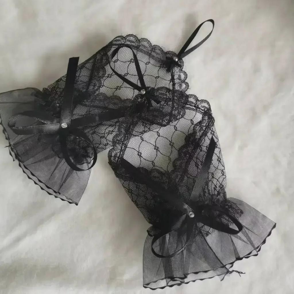 Lace Short Gloves for Women Bridal Wedding Lolita Style Mesh Hand Sleeves with Handmade Ribbon Bow And Hook Finger Glued