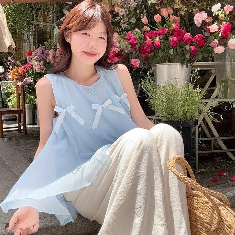 Cute Summer 2026 Fluffy Patchwork Bowknot Vest - Sleeveless Camisole for Women