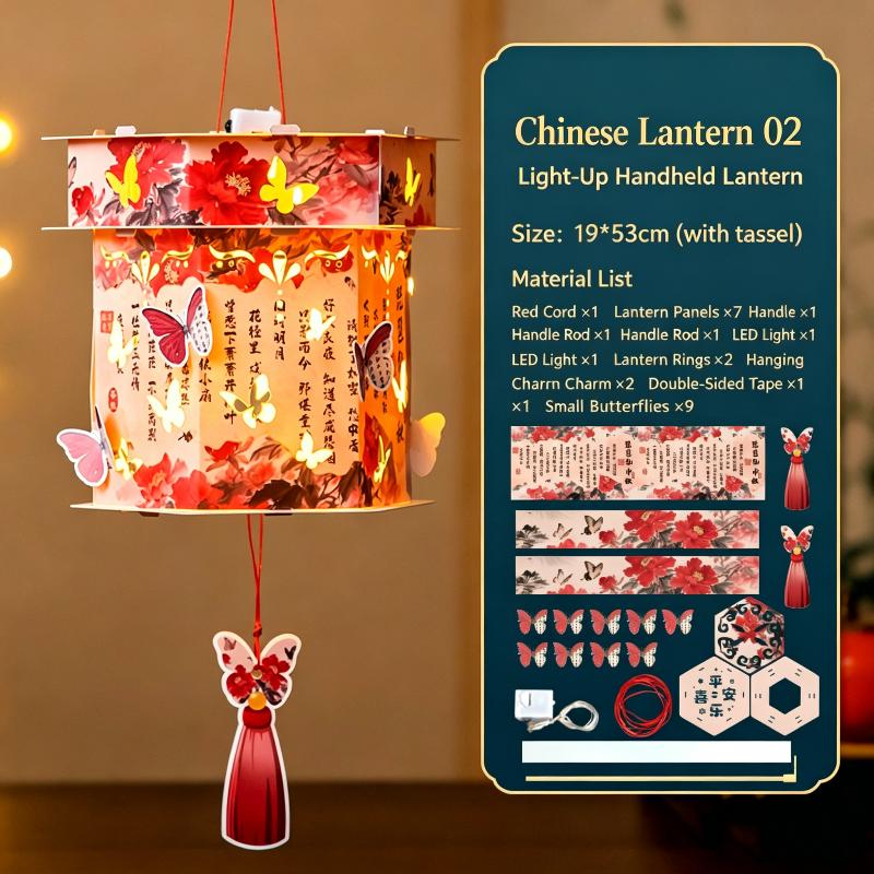 Handheld Traditional Chinese Paper Lantern DIY Material Kit with LED Light for Mid-Autumn Lantern Festival Decor