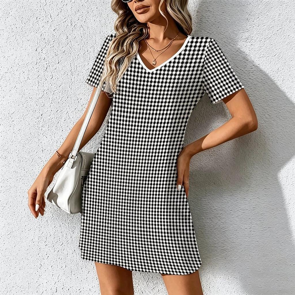 Zomer Mode Dames V-hals Korte Mouw Abstract Patroon Gedrukt Jurk Sexy Korte Rok Jurken
