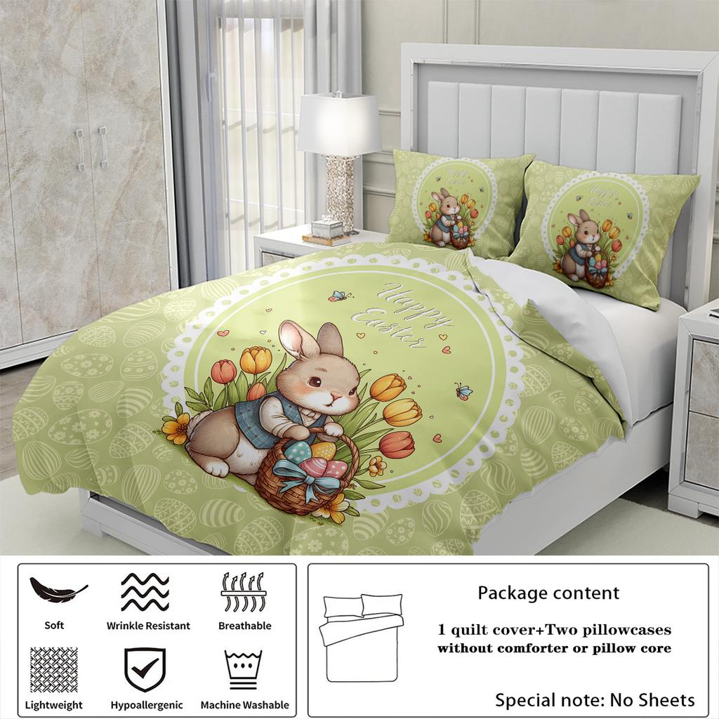 3-teiliges Cartoon Happy Easter Musterdruck Bettbezug-Set, Weich, Bequem und Atmungsaktiv Bettwäsche-Set, für Schlafzimmer, Gästezimmer, Hotel