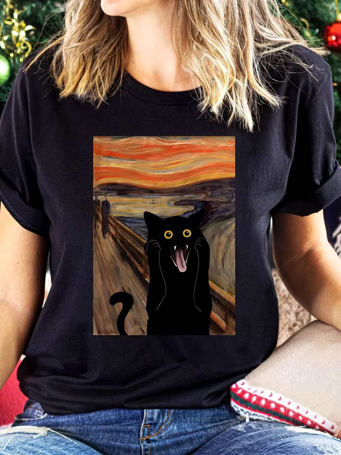 

Summer Trend Street Style Van Goghs Cat And Sunflower Funny Cat Painting Art Tshirt Comfortable Fashion Couple 2025 S