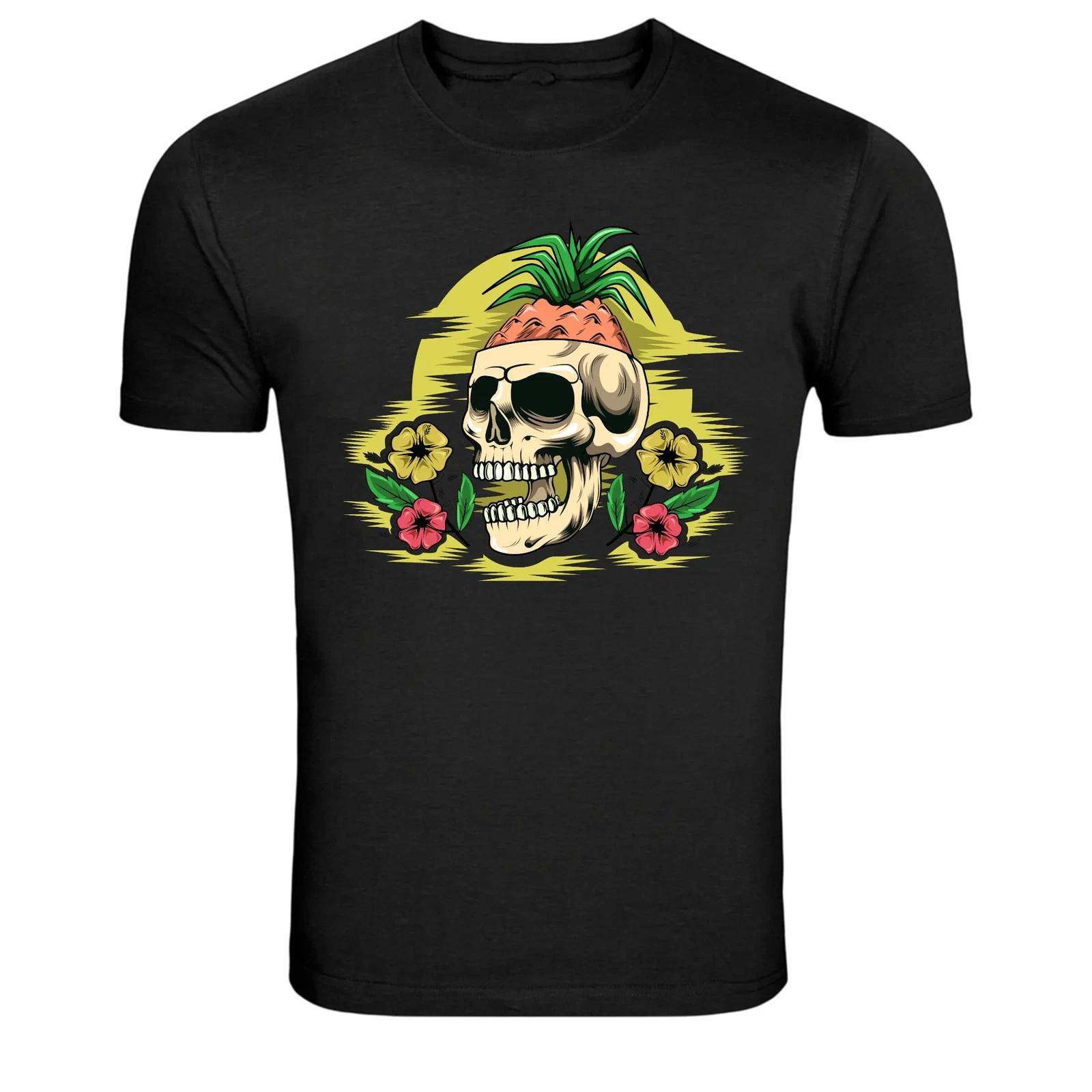 Tropical Pineapple Skull Flowers Summer Beach Graphic T-Shirt 4XL