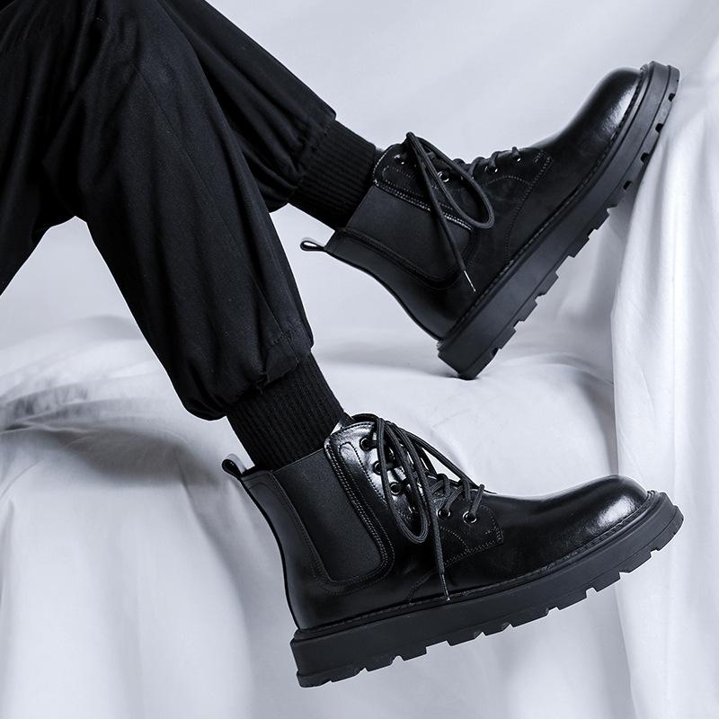 Men's Casual Platform Boots Black Tide Genuine Leather Shoes Business Office Dress Cowboy Ankle Boot Spring Autumn Botas Hombre