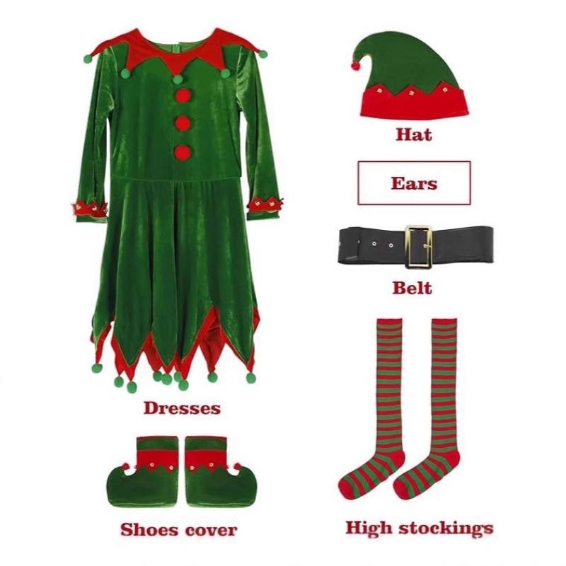 Women's Christmas Elf Costume Set Adult Velvet Dress Costume Santa Helper Christmas Holiday