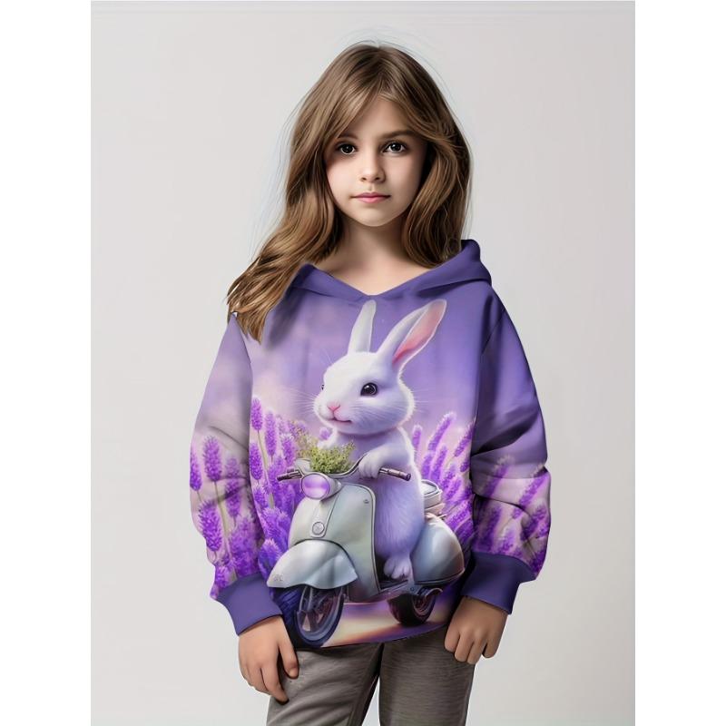 Child Hoodies Trendy Girls Cartoon Bunny Print Pullover Hooded Sweatshirt Street Fashion Tops Long Sleeve Children's Sweatshirt