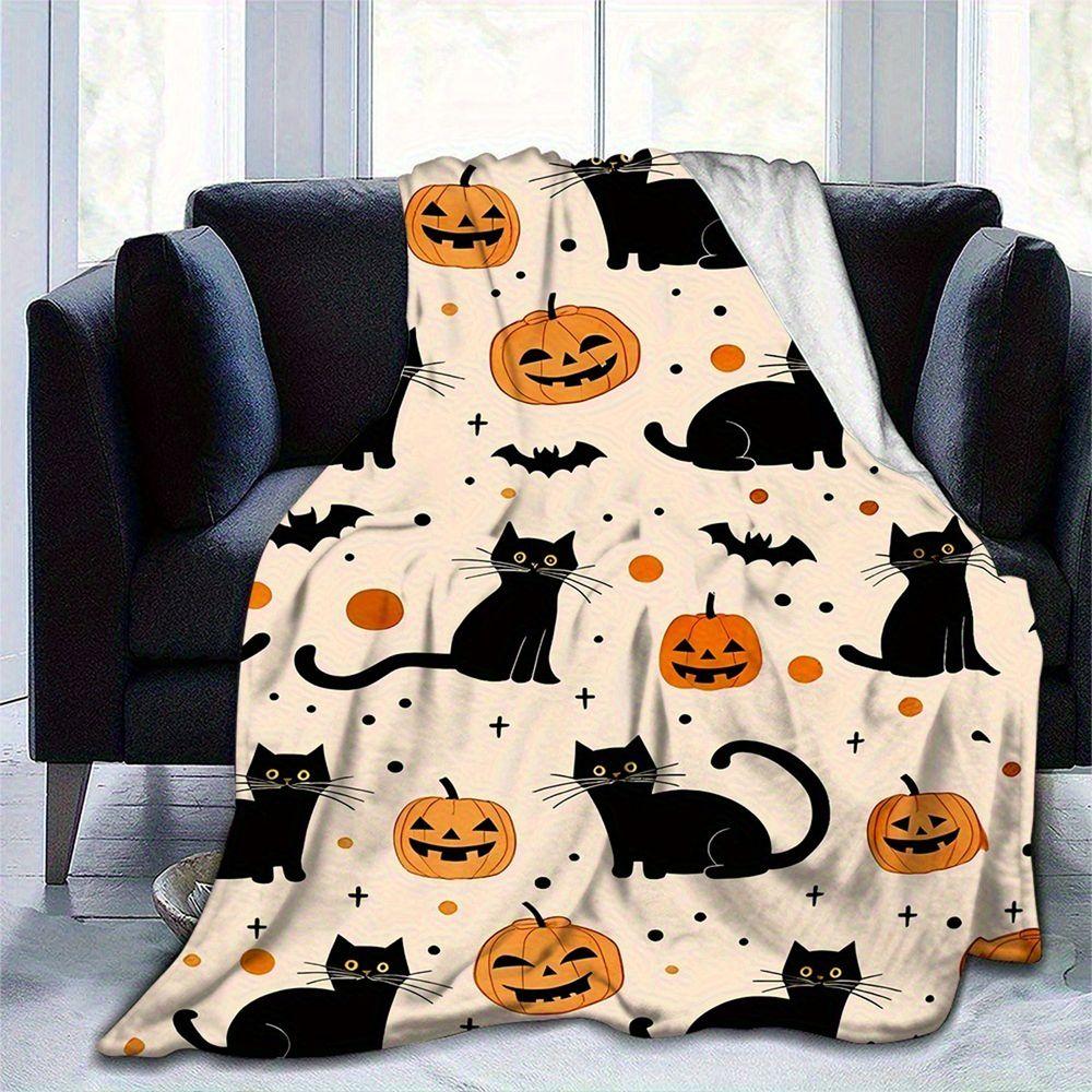Halloween Pumpkin Black Cat Pattern Flannel Throw Blanket Soft Lightweight Cozy Fleece Bed Sofa Cover Decorative Warm Gift for Home Holiday