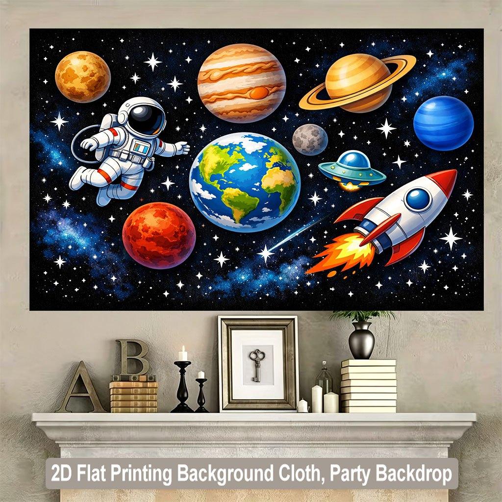 1 piece of 2D flat background fabric astronaut exploring space and planet background fabric wooden board wall.PMJ