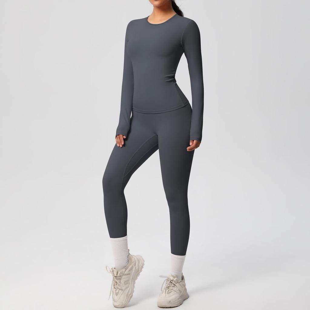 Dual-Sided Solid Color Long-Sleeve Yoga and Running Set - Two-Piece Fitness Outfit