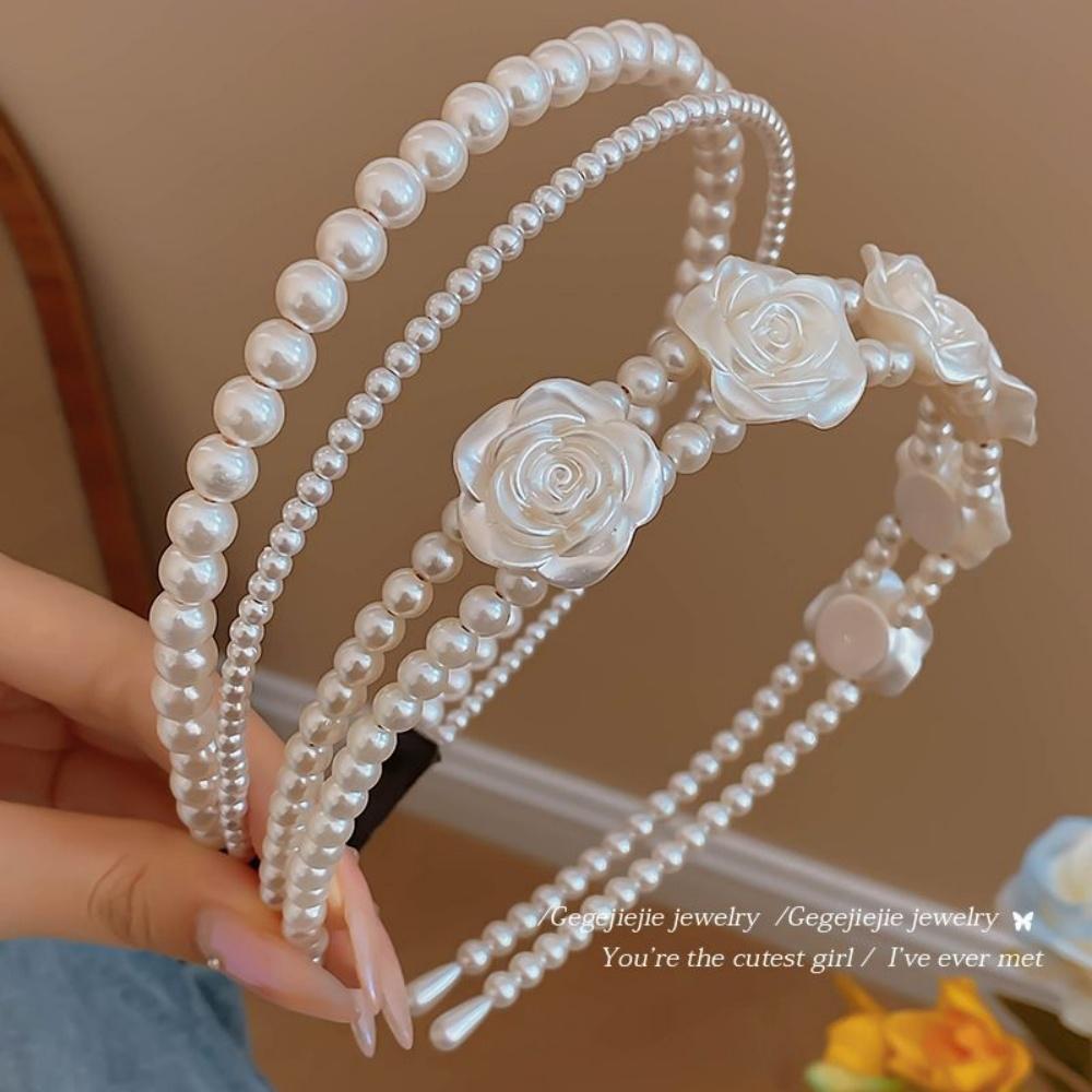 2-Pack Double-Layer Pearl Rose Headband, French Romantic Style, Suitable for Bridal Look / Date Outfit / Daily Commute