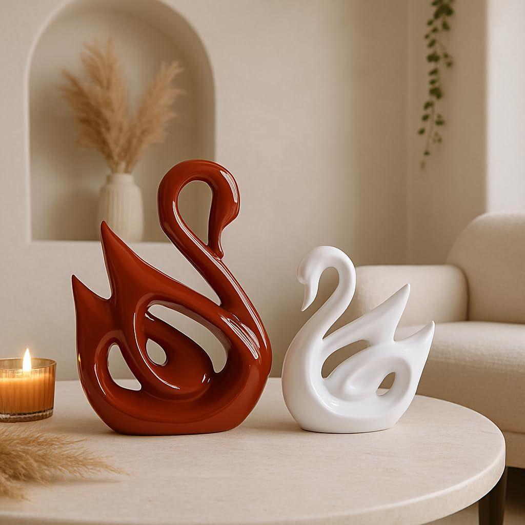 Lucky Swan Couple Piano Finish Ceramic Figures for Home Decor (Set of 2 Pc, Large, Brown & White)