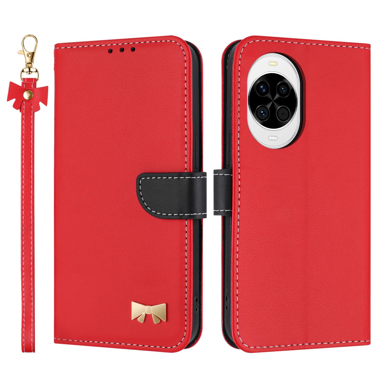 

For Huawei nova 14 5G Case Bowknot Decor Wallet Leather Phone Cover with Wrist Strap Red