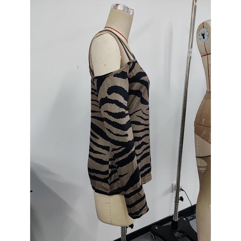 Women's Spring, Autumn and Winter Models Zebra Print Strapless Collar Long-sleeved T-shirt Tops