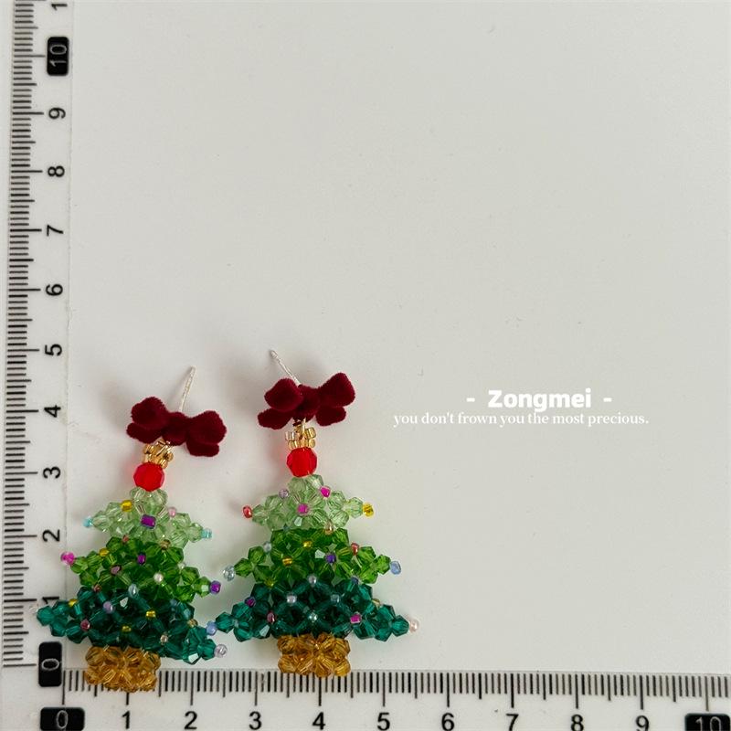 3D Christmas Tree Earrings with Red Bow - Heavy Beaded Crystal Ear Clips, Hand-Woven Holiday Accessories