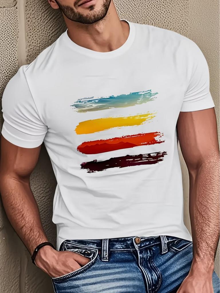 American Unisexs Summer Colorful Striped Print Soft And Breathable Round Neck Tshirt Outdoor Urban Casual Top