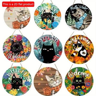 1pc 2d Flat Deroro Welcome Black Cat Floral Seasonal Sign Round Wooden Board - 20cm for Outdoor, Porch, Farmhouse, Home, Wall Decoration
