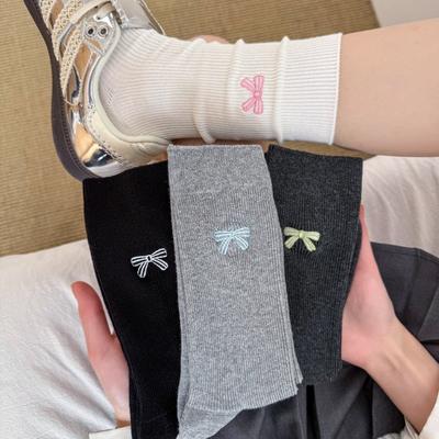 Ladies Spring and Autumn New Style All Match Pure Cotton Boneless Solid Color Embroidery In The Tube Pile Socks