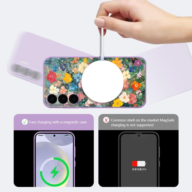 Watercolor Floral Pattern Case For Samsung Galaxy S26 S25 Ultra S24 S23 FE S22 Plus S21 Built-in Metal Plate Magnetic Silicone Cover