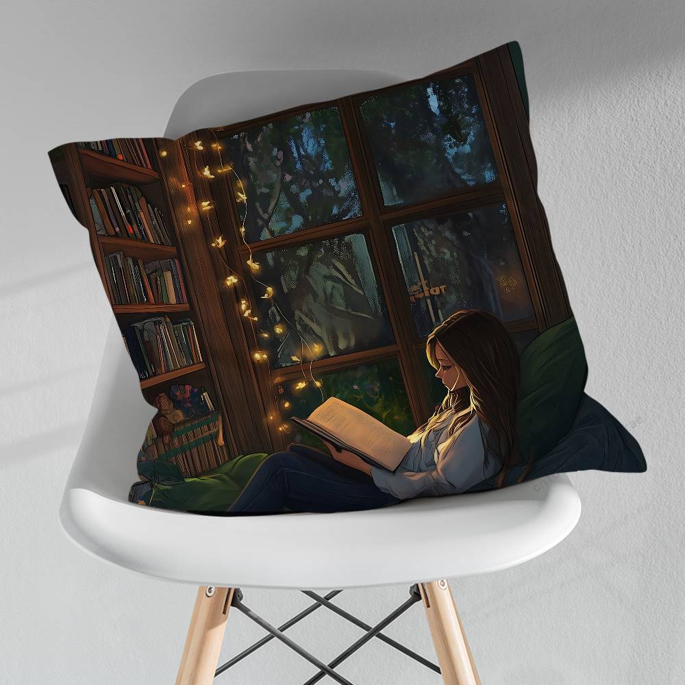 Read Book illustration Pillowcase for Sofa Room Office Decor Printing Merchandise AllMatch Cushion Cover