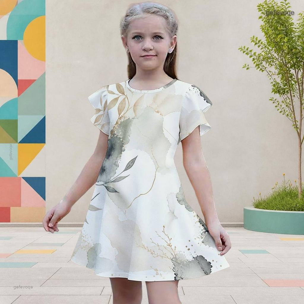 Girls Round Neck Flutter Sleeve Printed A Line Flared Dress