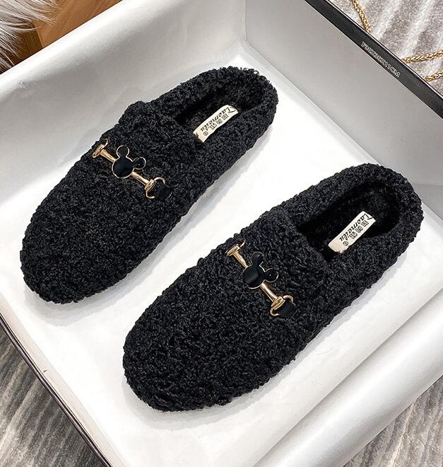 Fashion Winter Warm Plush Mules Women One Band Fur Slippers Cozy Cotton Shoes Woman Flats Cover Toe Fleeces Slides Femme Wool Pantuflas