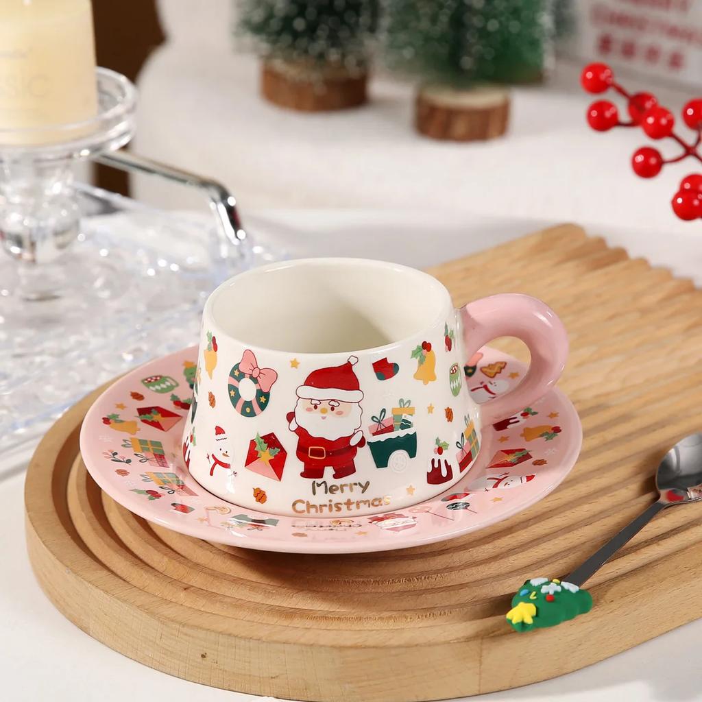Cute Christmas Gift Mug with Dish Spoon Santa Claus Cup Dish Ceramic Cup Souvenir