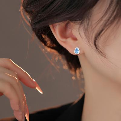 S925 Silver Plated Earrings Angel Tears Earrings Simple New Fashion High Atmosphere Full of Diamond Blue Drop Earrings