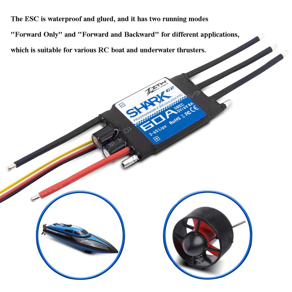 Waterproof ZTW Shark 60A ESC G2 ESC with Built-in Adjustable Switching BEC, 5V6V 8A 2-6S, Water-Cooled, Bidirectional 32-Bit Brushless Speed