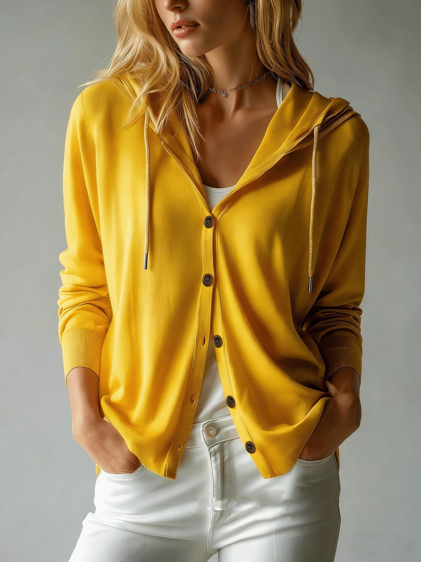 

Women s Khaki Hooded Knit Cardigan Drawstring Front Button Casual Loose Fit Top XL жовтий