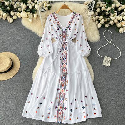 Spring Summer Natural Style Loose Embroidery Dress Female V-neck Black Seaside Holiday Bohemian Vestidos Women Fashion Designer Casual Clothing