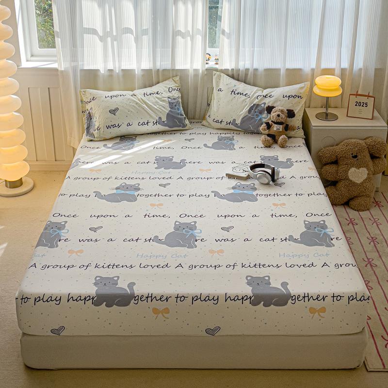 Washed Cotton Fitted Sheet with Elastic Bands Non Slip Adjustable Mattress Cover Printed  Pure Cotton  for Double King Queen