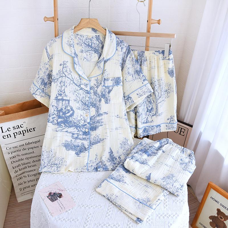 Pajamas women's spring and summer new pure cotton floral short-sleeved cardigan set Korean sweet lapel double-layer yarn loungewear